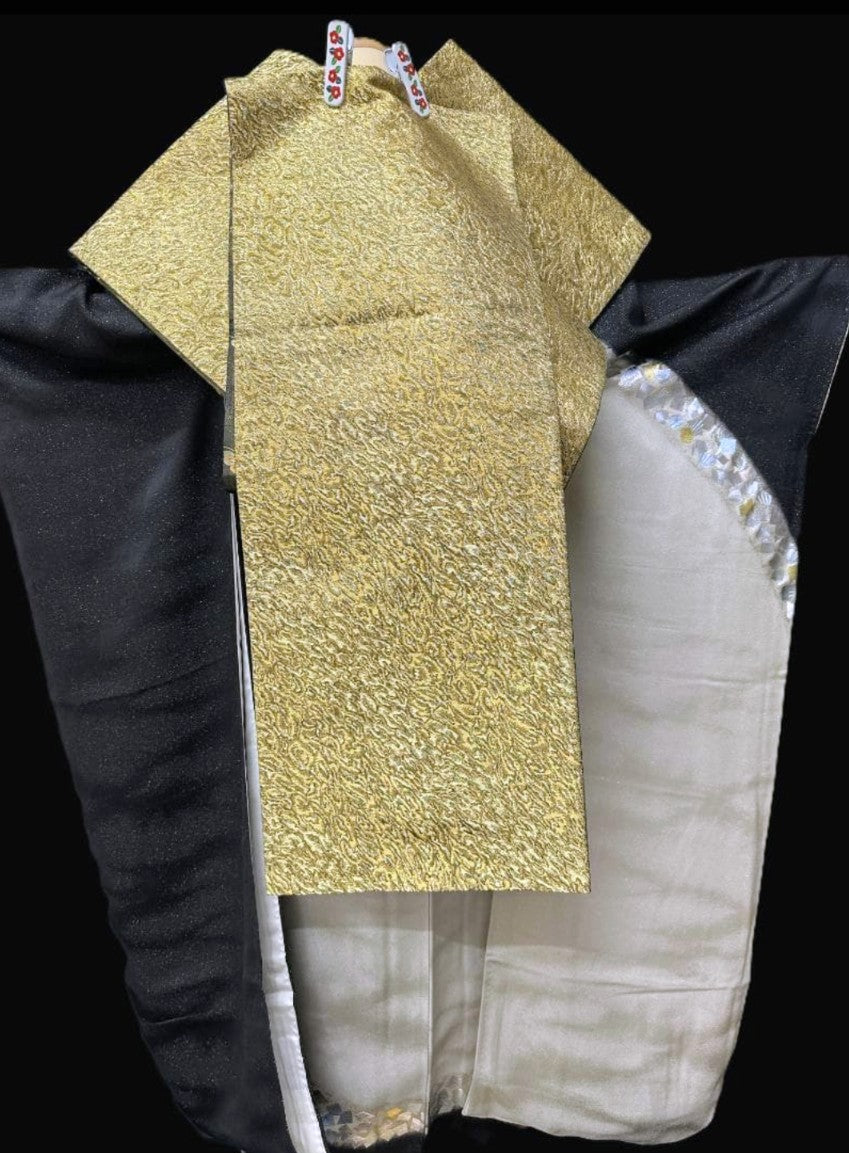 Hori Shohei Furisode Full Set - Champagne Gold & Black with Gold Leaf - Pre-Owned　「Free Shipping Included」