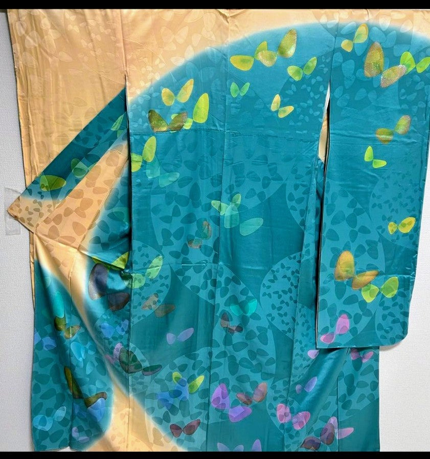 Luxurious Furisode 4-Piece Set | Turquoise Blue Butterfly | Tall Size | Free Shipping