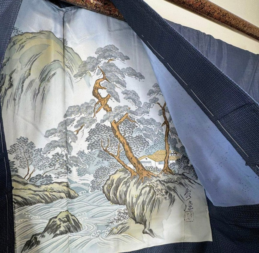 Men's Authentic Oshima Tsumugi Kimono & Haori Ensemble - Navy Tall Size with Certificate - Basting Threads Intact - Pre-Owned