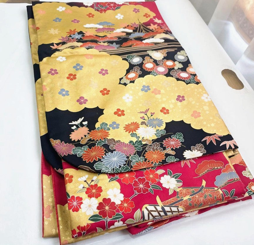 Pure Silk Furisode 6-Piece Set - Crimson Classical Pattern with Gold & Black Gradation, Nishijin Obi - Tall Size - Pre-Owned　「Free Shipping Included」This is a great value set.
