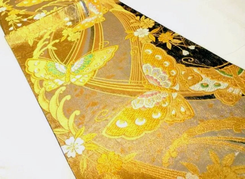 Pre-Owned Furisode Kimono – Butterfly & Silver Thread Pattern | Pure Silk | With Gold Obi Sash