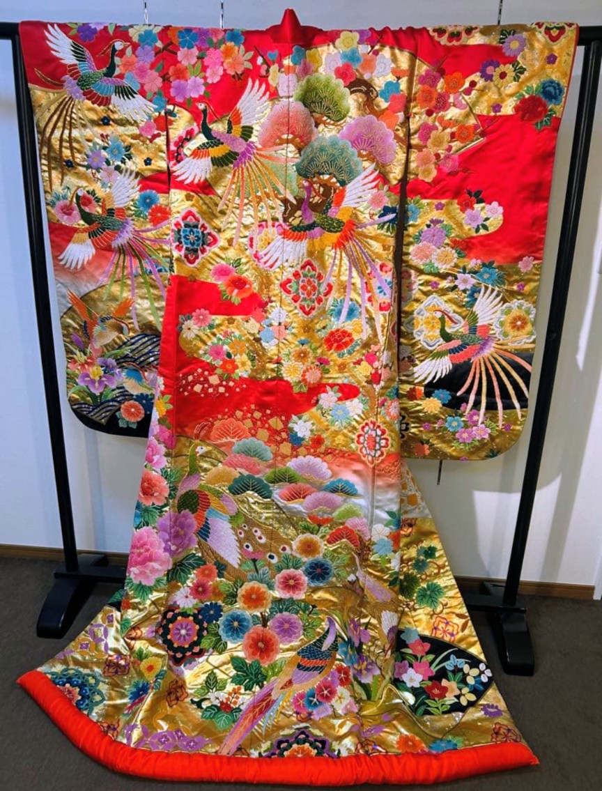 Traditional Red Uchikake Wedding Kimono with Sagara Embroidery - Cranes & Florals