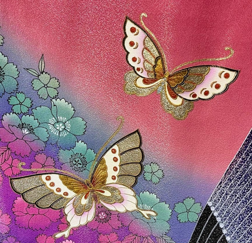 Pre-Owned Furisode Kimono – Butterfly & Silver Thread Pattern | Pure Silk | With Gold Obi Sash