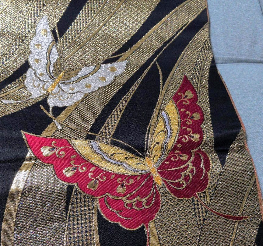 Pure Silk Furisode & Fukuro Obi 2-Piece Set - Butterfly & Weeping Branch with Gold Embellishments, Fukuro obi (formal sash) with butterfly embroidery and gold thread.　「Free Shipping Included」