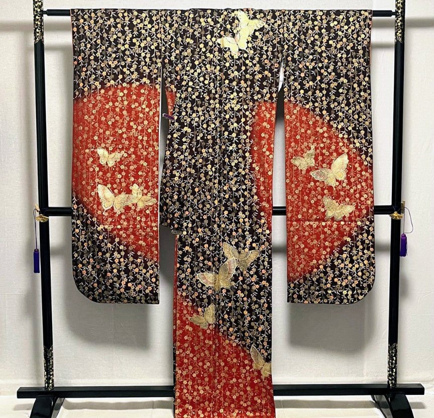 Pure Silk Furisode & Fukuro Obi 2-Piece Set - Butterfly & Weeping Branch with Gold Embellishments, Fukuro obi (formal sash) with butterfly embroidery and gold thread.　「Free Shipping Included」