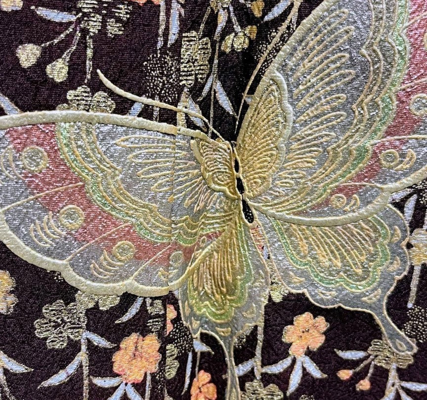 Pure Silk Furisode & Fukuro Obi 2-Piece Set - Butterfly & Weeping Branch with Gold Embellishments, Fukuro obi (formal sash) with butterfly embroidery and gold thread.　「Free Shipping Included」