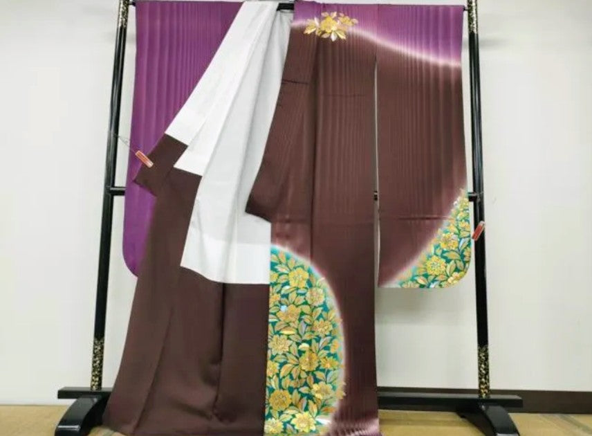 Hori Shohei Furisode & Obi 2-Piece Set - Gold Leaf Kinka-ori Floral Gradation - Pure Silk - Pre-Owned