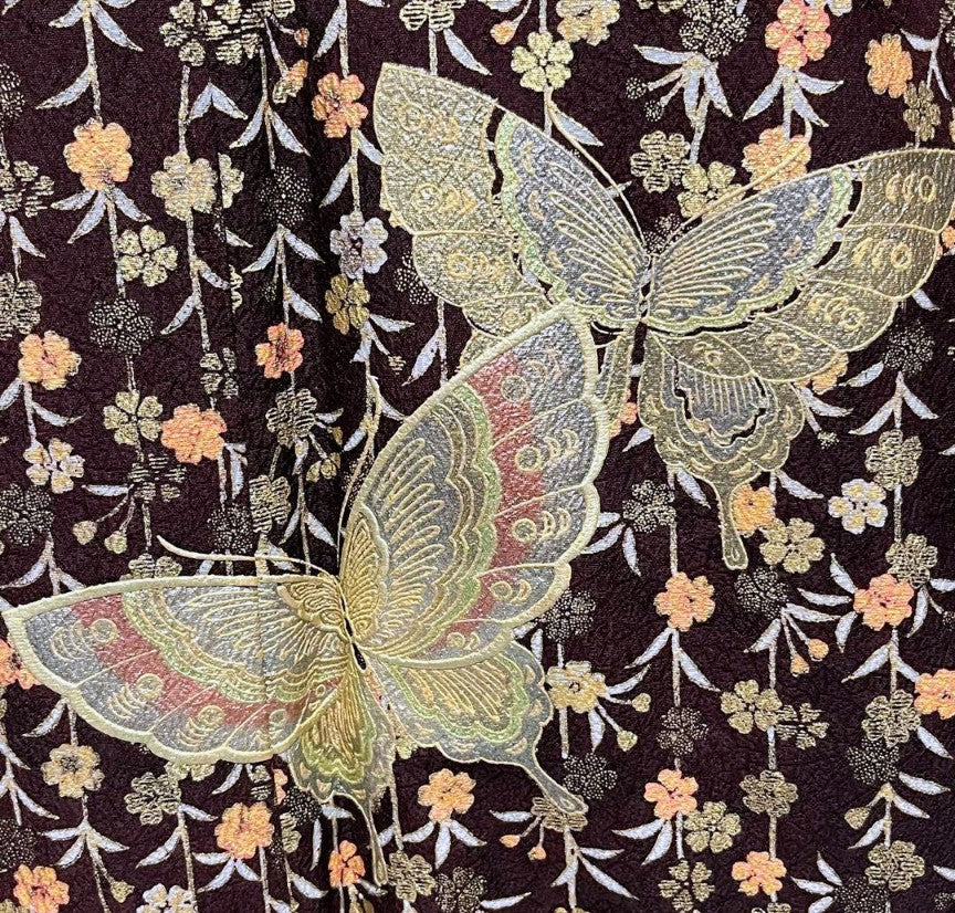 Pure Silk Furisode & Fukuro Obi 2-Piece Set - Butterfly & Weeping Branch with Gold Embellishments, Fukuro obi (formal sash) with butterfly embroidery and gold thread.　「Free Shipping Included」