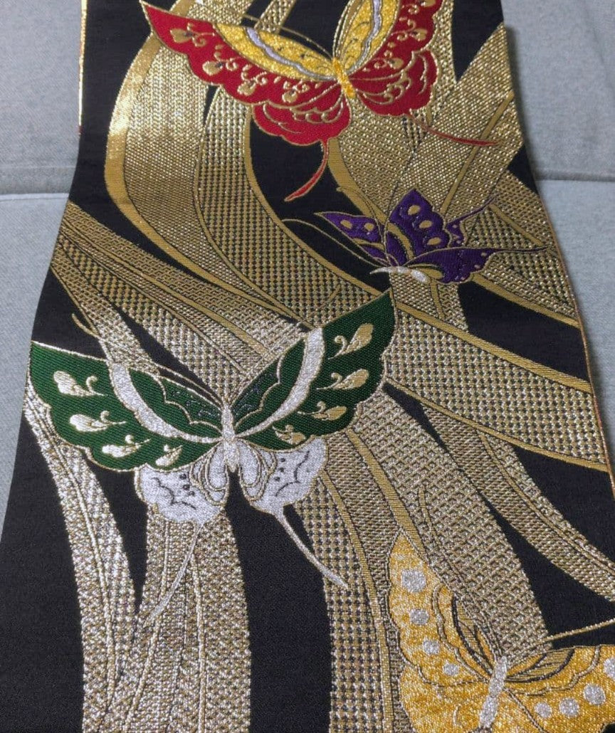 Pure Silk Furisode & Fukuro Obi 2-Piece Set - Butterfly & Weeping Branch with Gold Embellishments, Fukuro obi (formal sash) with butterfly embroidery and gold thread.　「Free Shipping Included」