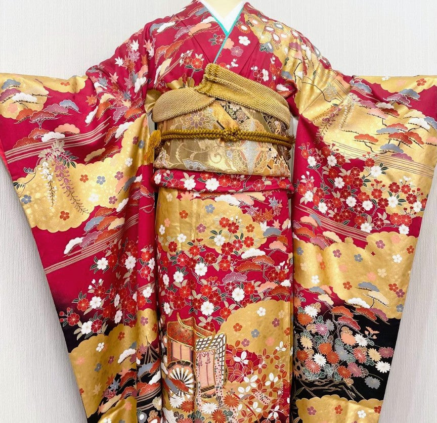 Pure Silk Furisode 6-Piece Set - Crimson Classical Pattern with Gold & Black Gradation, Nishijin Obi - Tall Size - Pre-Owned　「Free Shipping Included」This is a great value set.
