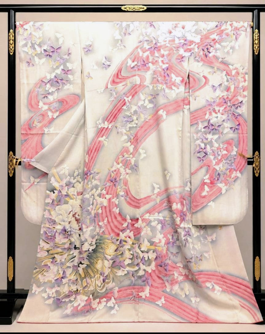 [Excellent Condition] Pure Silk Furisode & Obi Set – Dusty Pink, Flowing Water & Butterfly Floral Pattern, Artist’s Seal / Butterfly Embroidery Gold Obi / Lined