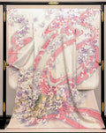 [Excellent Condition] Pure Silk Furisode & Obi Set – Dusty Pink, Flowing Water & Butterfly Floral Pattern, Artist’s Seal / Butterfly Embroidery Gold Obi / Lined