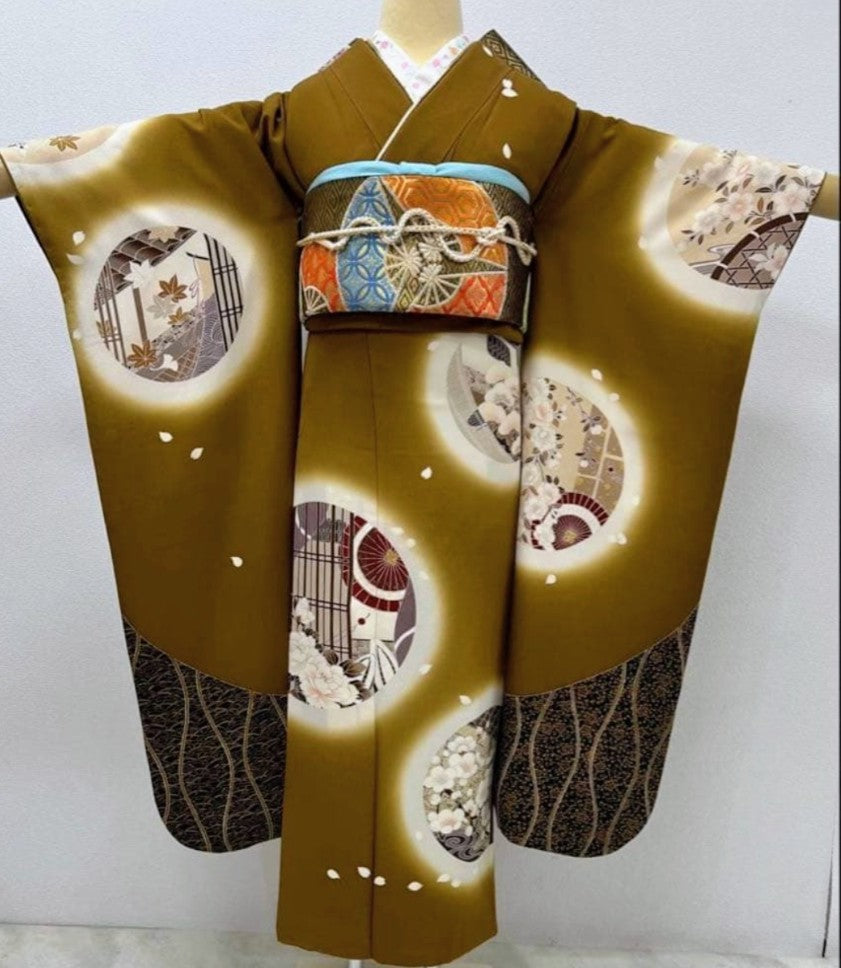 Vintage Furisode Kimono Full Set - Gold Embroidery & Kawashima Obi - Pre-Owned　「Free Shipping Included」