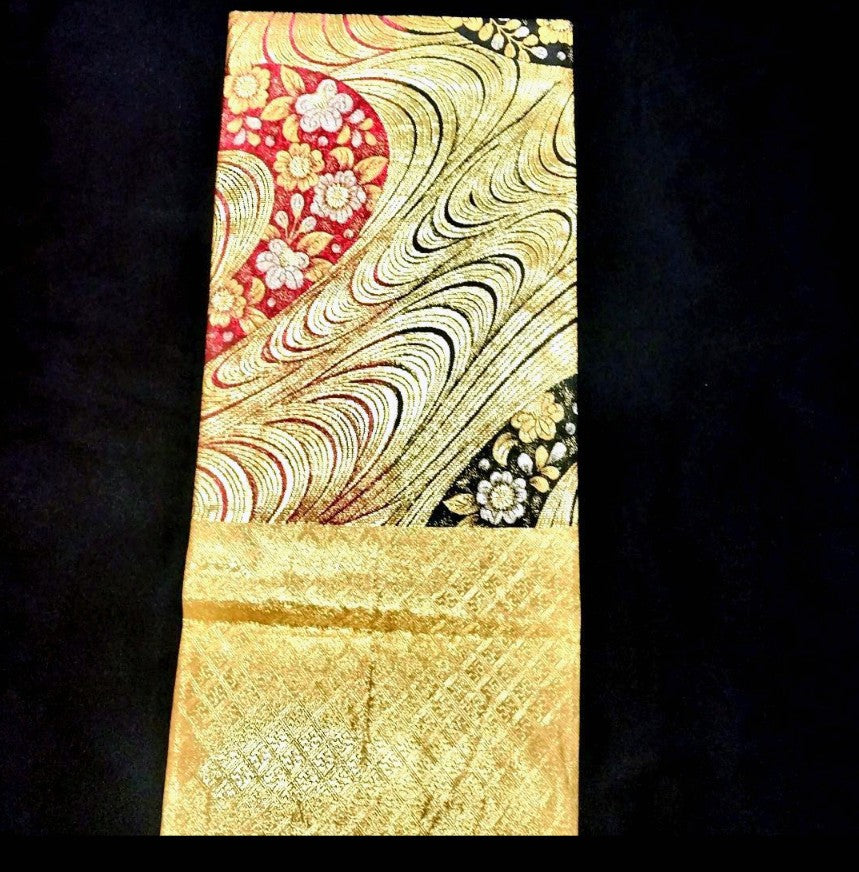 [Excellent Condition] Black Pure Silk Furisode & Fukuro Obi Set – Chrysanthemum & Seigaiha Wave, Shibori & Embroidery, Gold Obi with Flowing Water & Floral Pattern / Size L / Lined