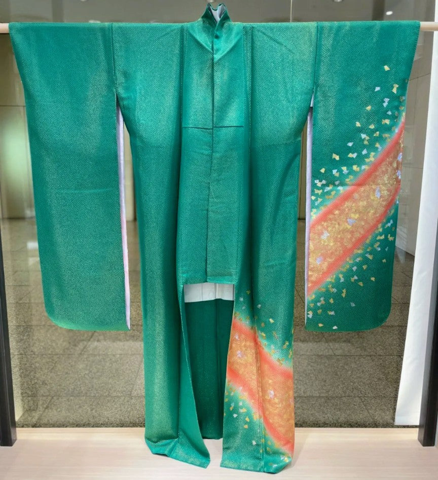 Premium Kyo-Yuzen Furisode by Horishohei - Green Classic Pattern with Tsuzure Obi
