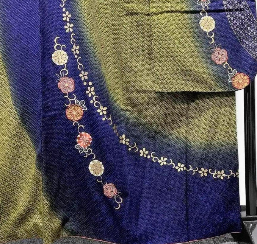 Pure Silk So-Shibori & Embroidery Furisode & Fukuro Obi 2-Piece Set - Deep Green Blue Purple Gradation with Gold - Phoenix & Chrysanthemum Obi - Pre-Owned　　　「Free Shipping Included」