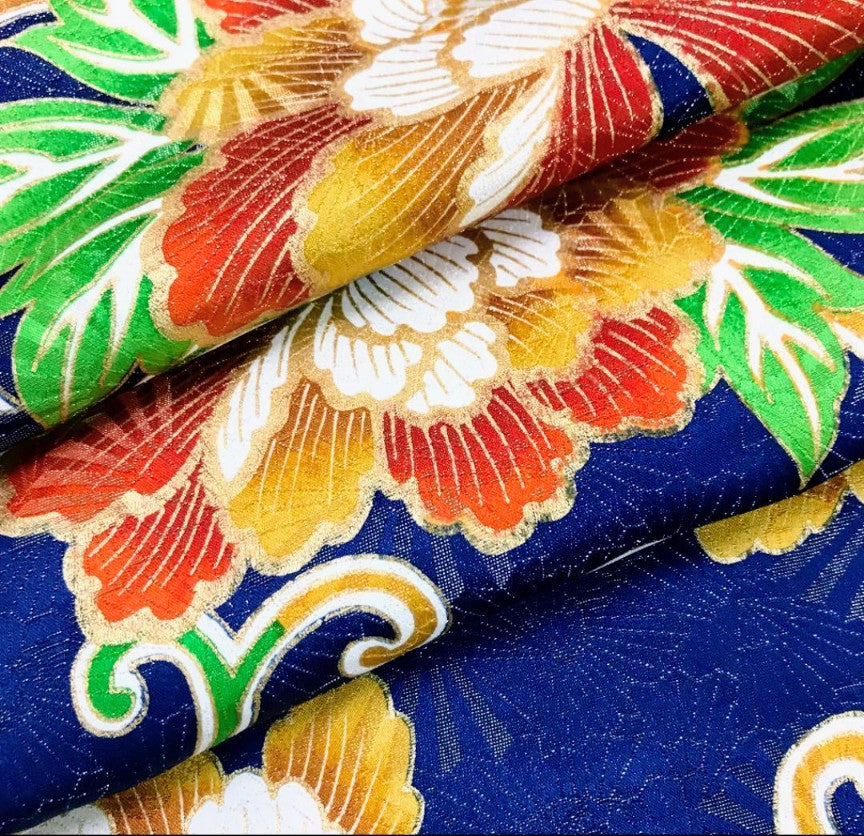 Pure Silk Furisode & Saga Nishiki Obi 2-Piece Set - Navy Peony Floral Arabesque with Gold Thread - Pre-Owned　「Free Shipping Included」