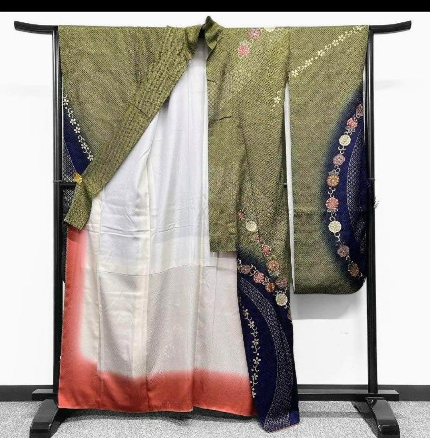 Pure Silk So-Shibori & Embroidery Furisode & Fukuro Obi 2-Piece Set - Deep Green Blue Purple Gradation with Gold - Phoenix & Chrysanthemum Obi - Pre-Owned　　　「Free Shipping Included」