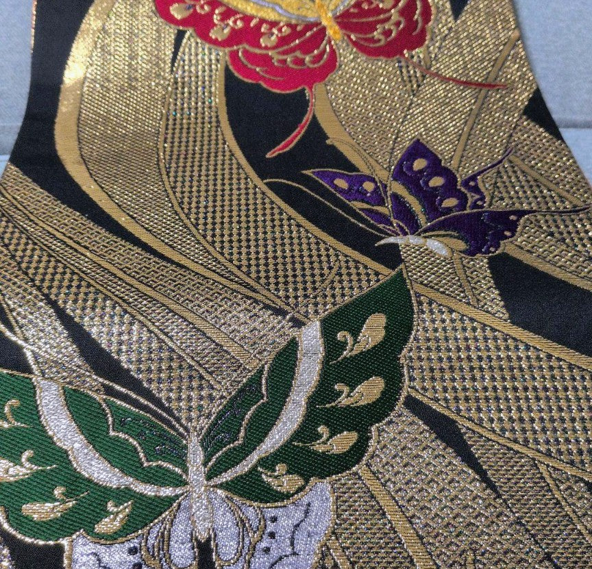 Pure Silk Furisode & Fukuro Obi 2-Piece Set - Butterfly & Weeping Branch with Gold Embellishments, Fukuro obi (formal sash) with butterfly embroidery and gold thread.　「Free Shipping Included」