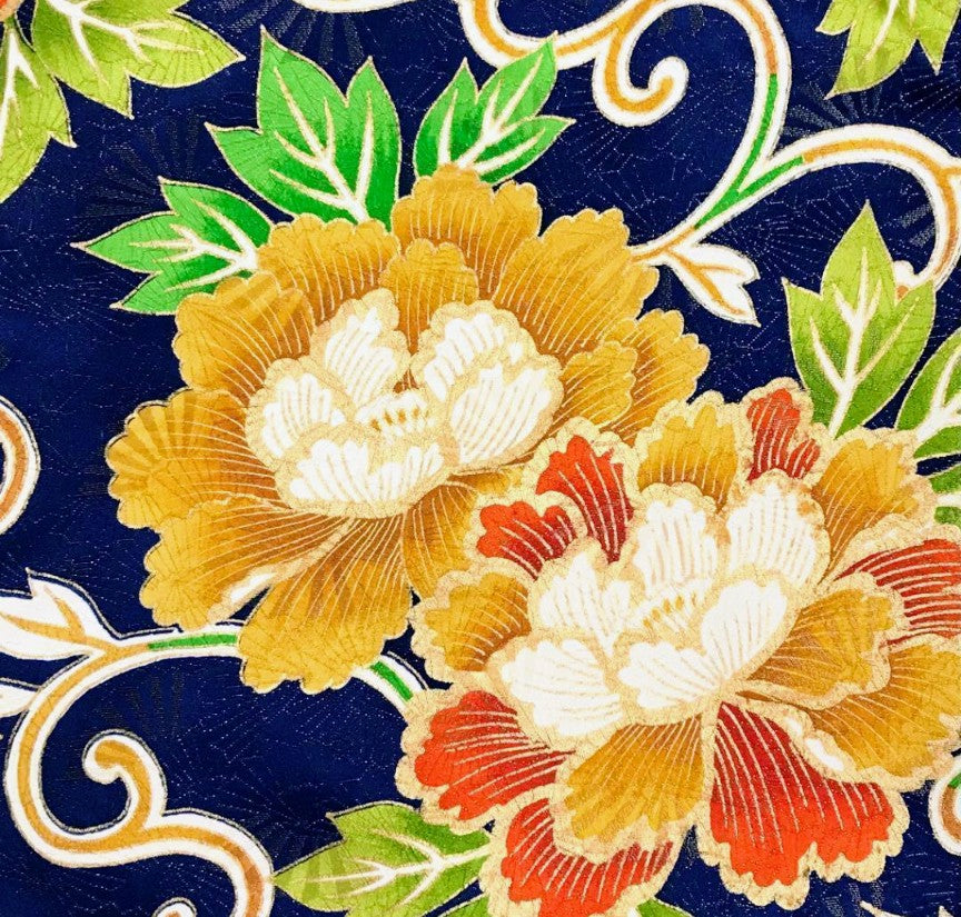 Pure Silk Furisode & Saga Nishiki Obi 2-Piece Set - Navy Peony Floral Arabesque with Gold Thread - Pre-Owned　「Free Shipping Included」