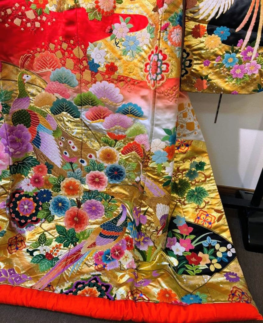 Traditional Red Uchikake Wedding Kimono with Sagara Embroidery - Cranes & Florals