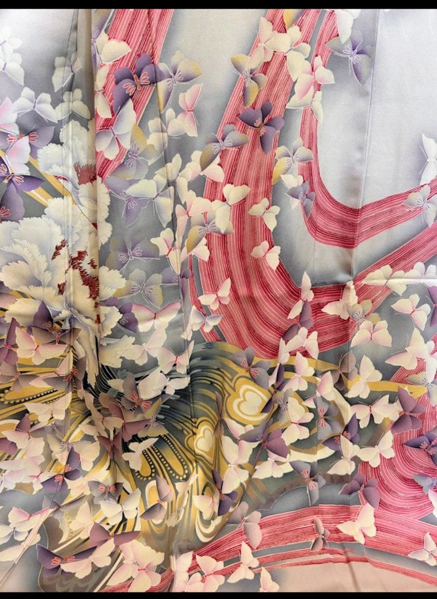 [Excellent Condition] Pure Silk Furisode & Obi Set – Dusty Pink, Flowing Water & Butterfly Floral Pattern, Artist’s Seal / Butterfly Embroidery Gold Obi / Lined