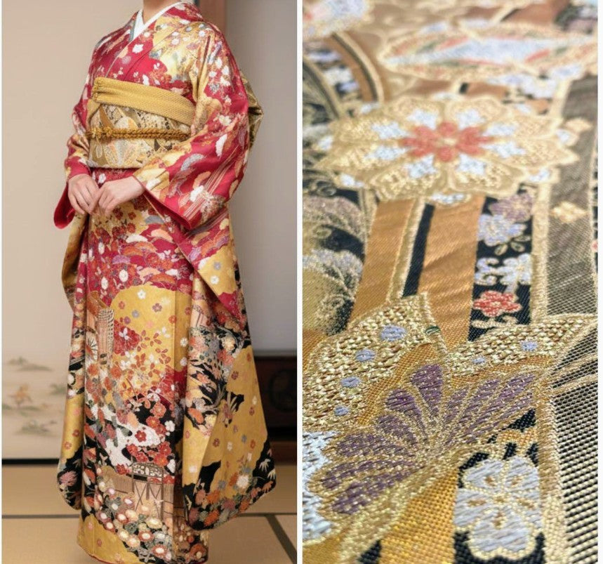 Pure Silk Furisode 6-Piece Set - Crimson Classical Pattern with Gold & Black Gradation, Nishijin Obi - Tall Size - Pre-Owned　「Free Shipping Included」This is a great value set.