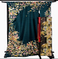 Furisode Full Set | Deep Green | Chrysanthemum & Shochikubai | Gold Thread | Pure Silk | Free Shipping