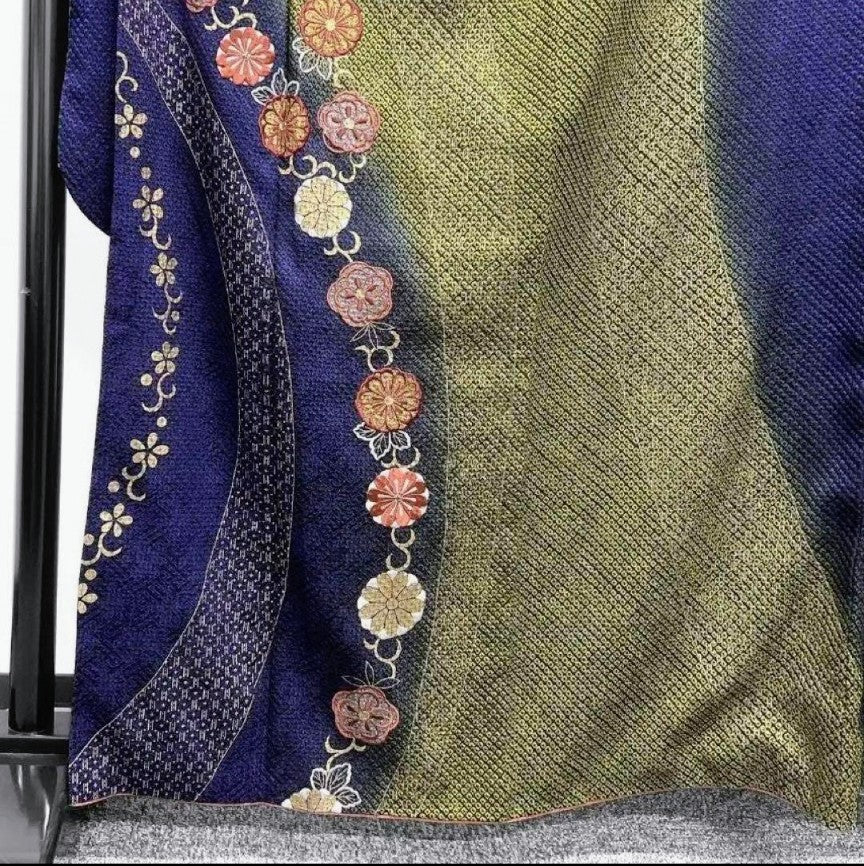 Pure Silk So-Shibori & Embroidery Furisode & Fukuro Obi 2-Piece Set - Deep Green Blue Purple Gradation with Gold - Phoenix & Chrysanthemum Obi - Pre-Owned　　　「Free Shipping Included」