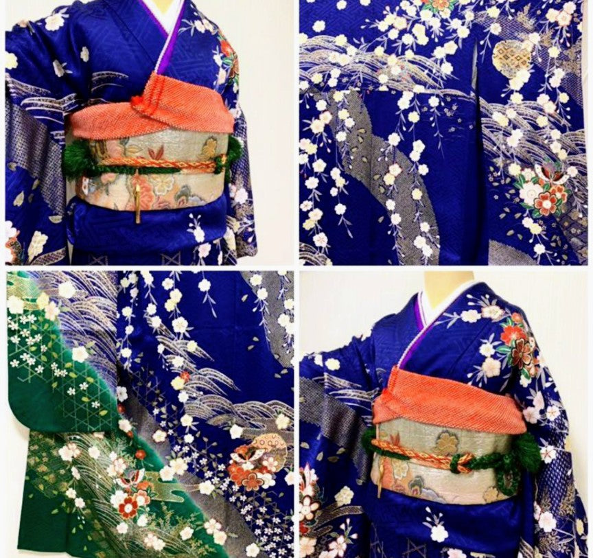 Kyo-Yuzen Furisode 3-Piece Set - Navy Pure Silk Rinzu with Gold Leaf Classical Pattern - Pre-Owned