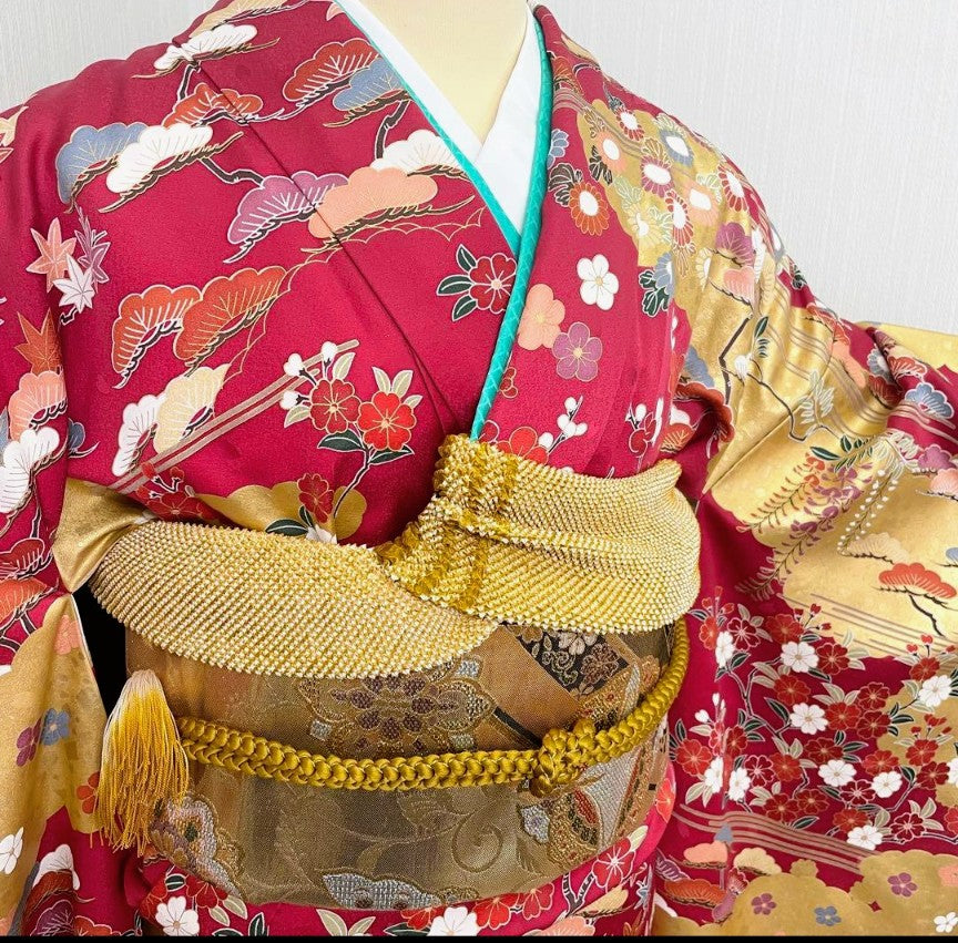 Pure Silk Furisode 6-Piece Set - Crimson Classical Pattern with Gold & Black Gradation, Nishijin Obi - Tall Size - Pre-Owned　「Free Shipping Included」This is a great value set.