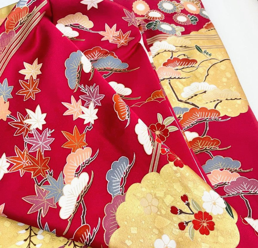 Pure Silk Furisode 6-Piece Set - Crimson Classical Pattern with Gold & Black Gradation, Nishijin Obi - Tall Size - Pre-Owned　「Free Shipping Included」This is a great value set.