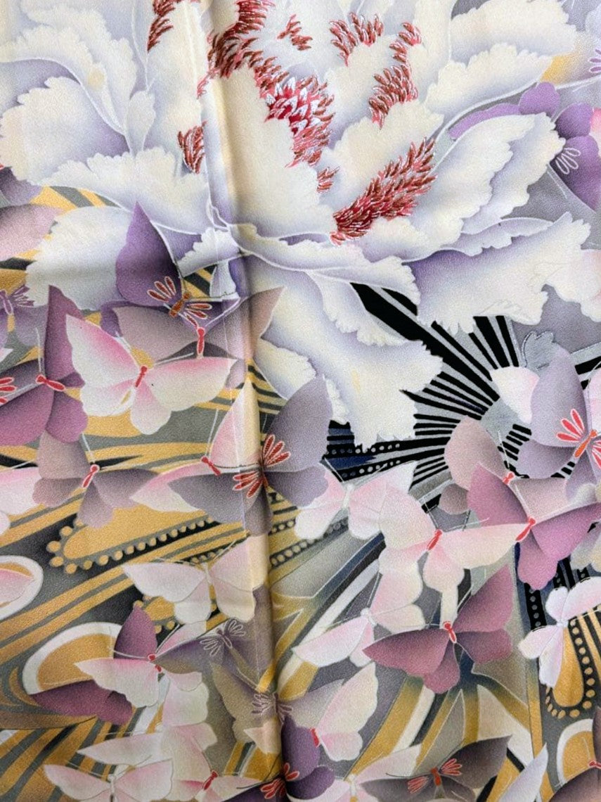 [Excellent Condition] Pure Silk Furisode & Obi Set – Dusty Pink, Flowing Water & Butterfly Floral Pattern, Artist’s Seal / Butterfly Embroidery Gold Obi / Lined
