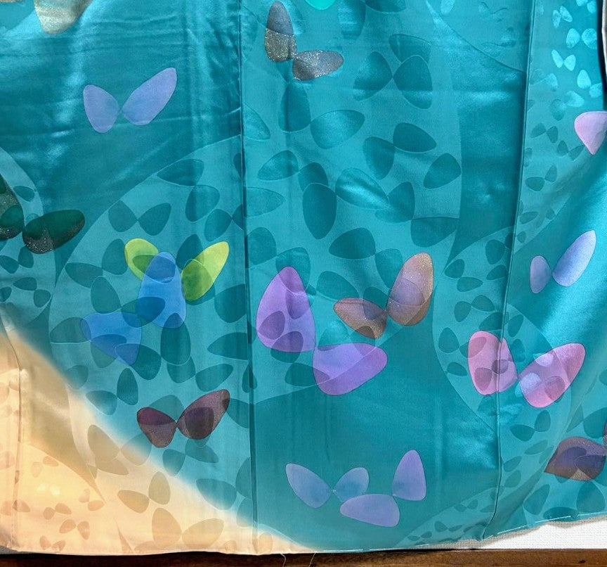 Luxurious Furisode 4-Piece Set | Turquoise Blue Butterfly | Tall Size | Free Shipping