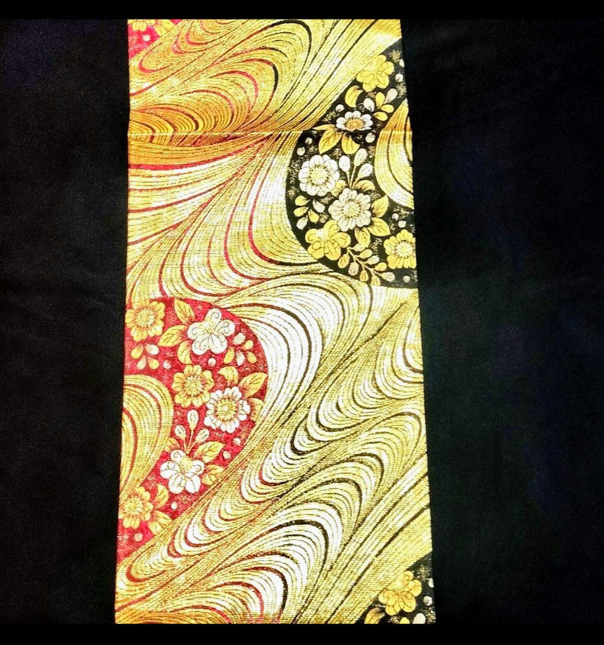 [Excellent Condition] Black Pure Silk Furisode & Fukuro Obi Set – Chrysanthemum & Seigaiha Wave, Shibori & Embroidery, Gold Obi with Flowing Water & Floral Pattern / Size L / Lined