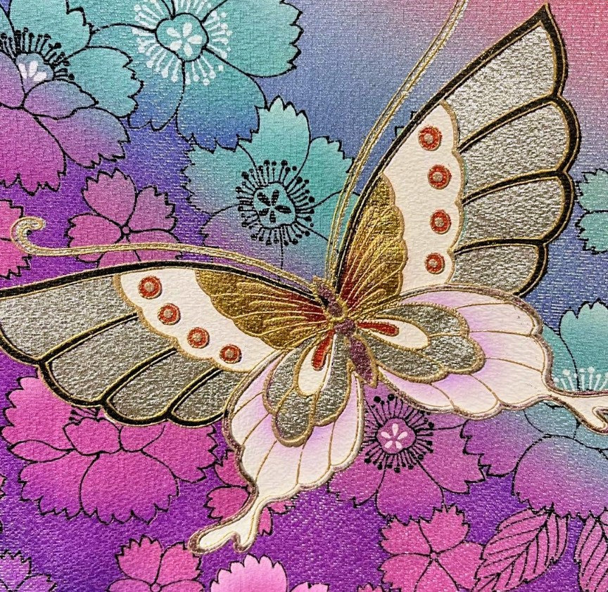 Pre-Owned Furisode Kimono – Butterfly & Silver Thread Pattern | Pure Silk | With Gold Obi Sash