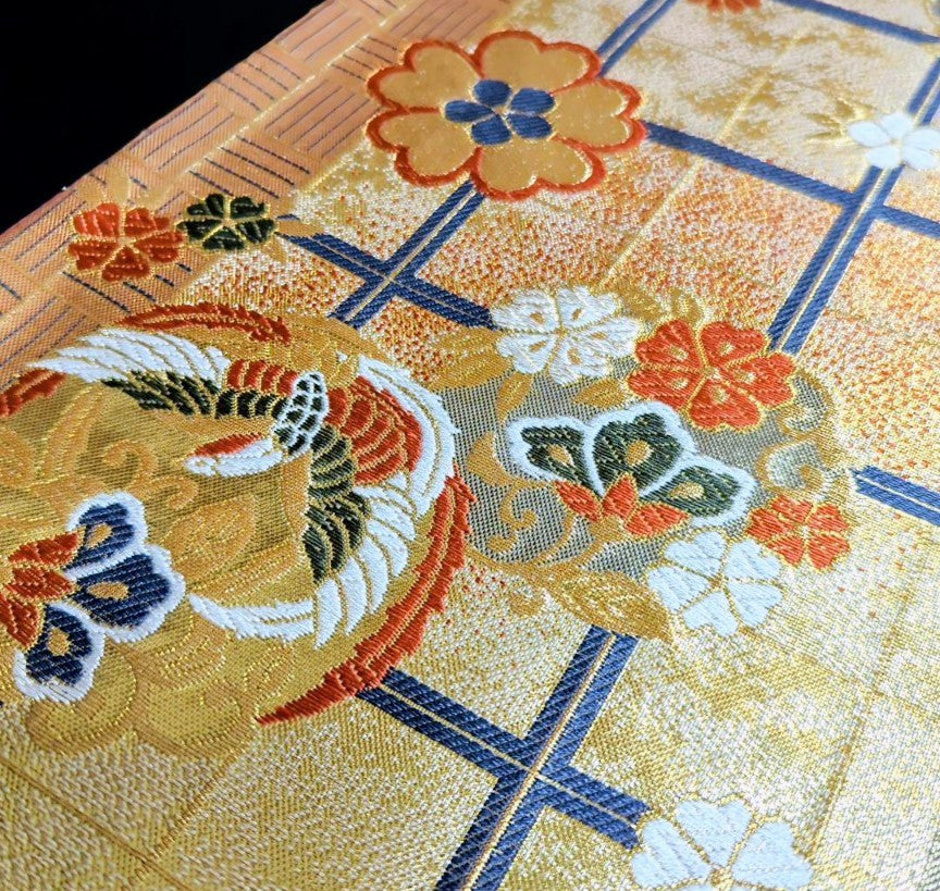 Pure Silk So-Shibori & Embroidery Furisode & Fukuro Obi 2-Piece Set - Deep Green Blue Purple Gradation with Gold - Phoenix & Chrysanthemum Obi - Pre-Owned　　　「Free Shipping Included」