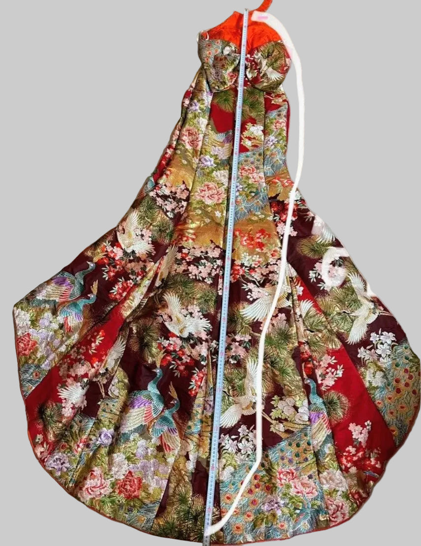 Furisode Remake Dress - Vibrant Japanese Kimono Fabric Halter Neck with Back Ribbon - Pre-Owned　「Free Shipping Included」
